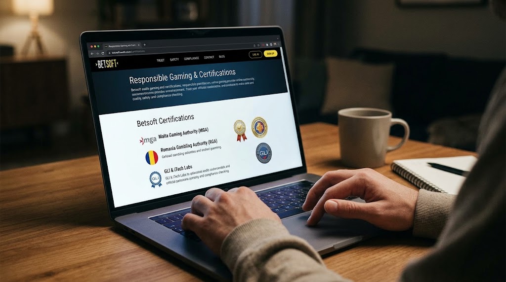 Laptop screen displaying Betsoft responsible gaming certifications including MGA, Romania Gambling Authority, and GLI.