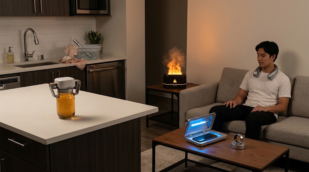 Modern room with gadgets: a flame diffuser, neck fan, jar opener, UV phone sanitizer, smart ring, and sonic washer.