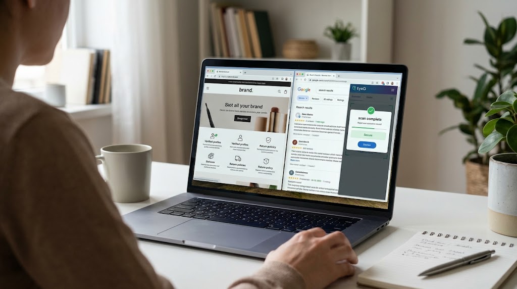User checking website HTTPS security, return policies, and EyeQ safety scan results on laptop.