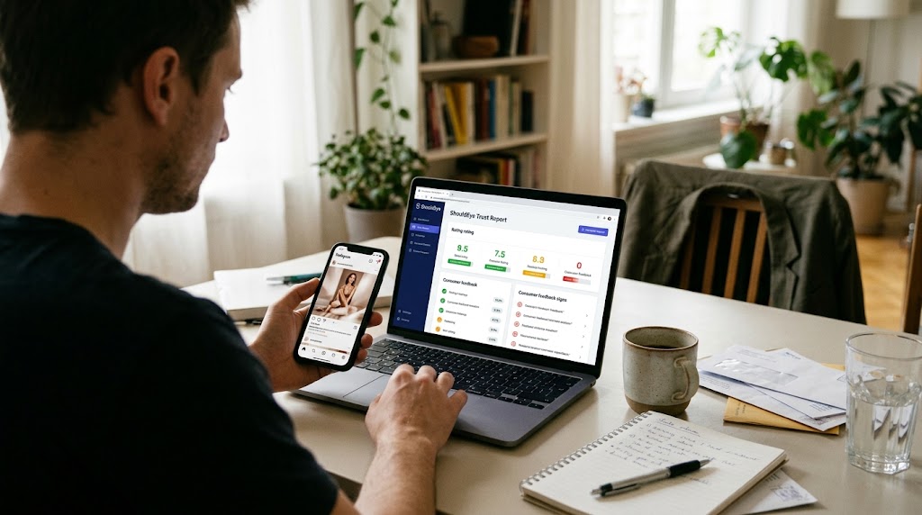 Shopper comparing an Instagram ad on phone with ShouldEye trust report rating scores on laptop screen.