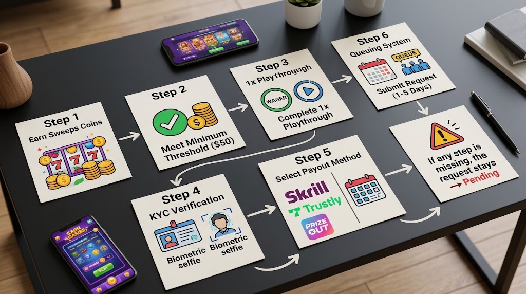 A flowchart on a dark table shows the 6-step casino redemption process with cards, arrows, and an alert for pending status.