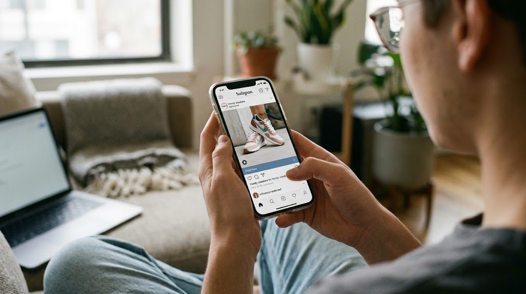 Person holding a smartphone displaying a glossy Instagram ad for trendy sneakers with an influencer tag and shop button.