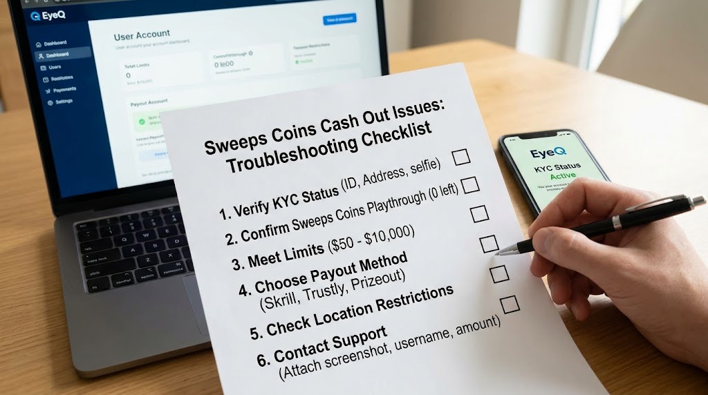 A printed Sweeps Coins Cash Out troubleshooting checklist sits next to a laptop and smartphone displaying EyeQ.