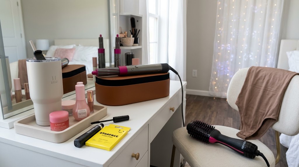 A vanity and bedroom filled with trending products: a tumbler, Dyson styler, cosmetics, hot air brush, and LED curtain lights.