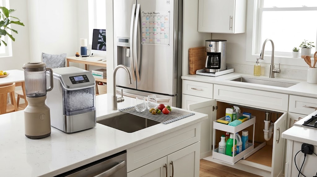 Bright kitchen featuring organized items: roll-up rack, blender, ice maker, magnetic calendar, and under-sink drawers.