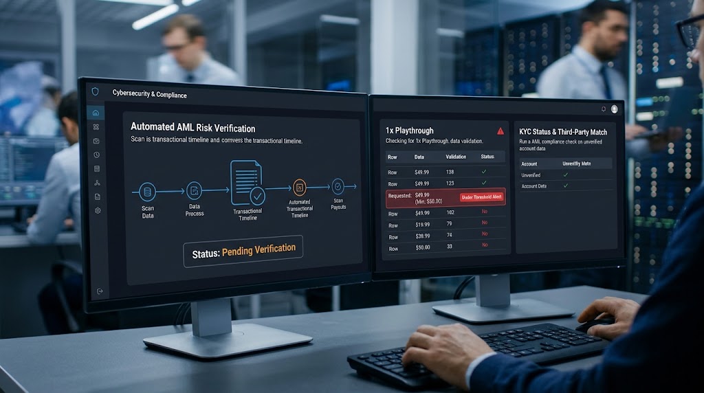 A compliance monitor displays automated AML risk verification, playthrough checks, and pending payout alerts.